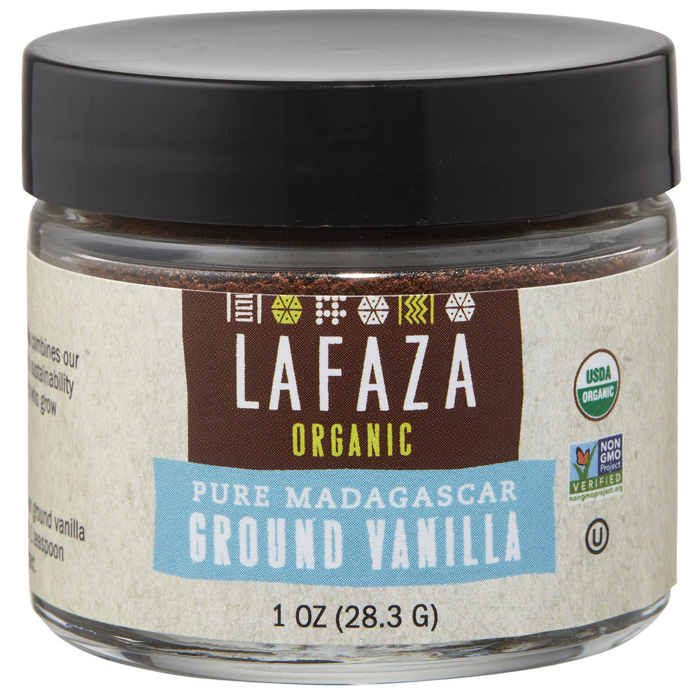 LAFAZA vanilla powder bottle shows pure Madagascar vanilla for versatile baking.