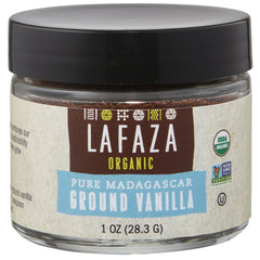 LAFAZA vanilla powder bottle shows pure Madagascar vanilla for versatile baking.