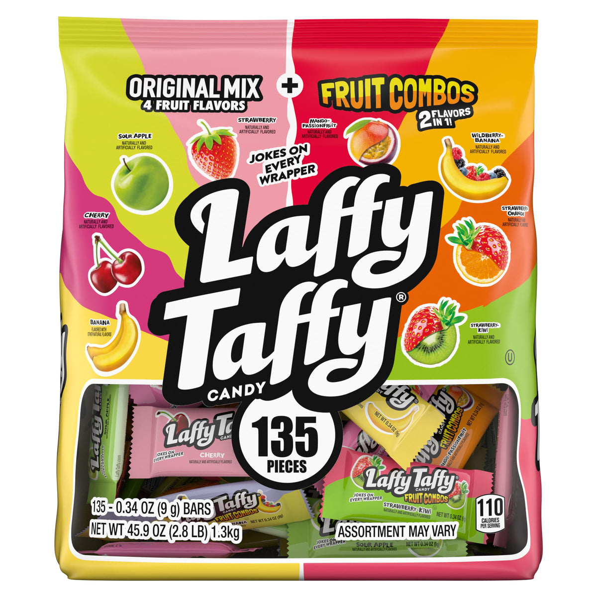 Laffy Taffy Assorted Mini Bars pack front, ideal for sharing with friends.