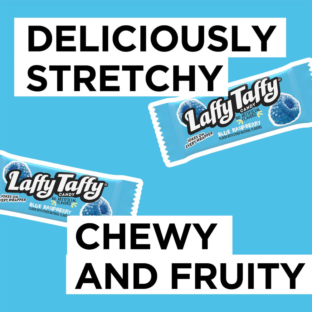Party-ready treat with jokes on wrappers and blue raspberry taste