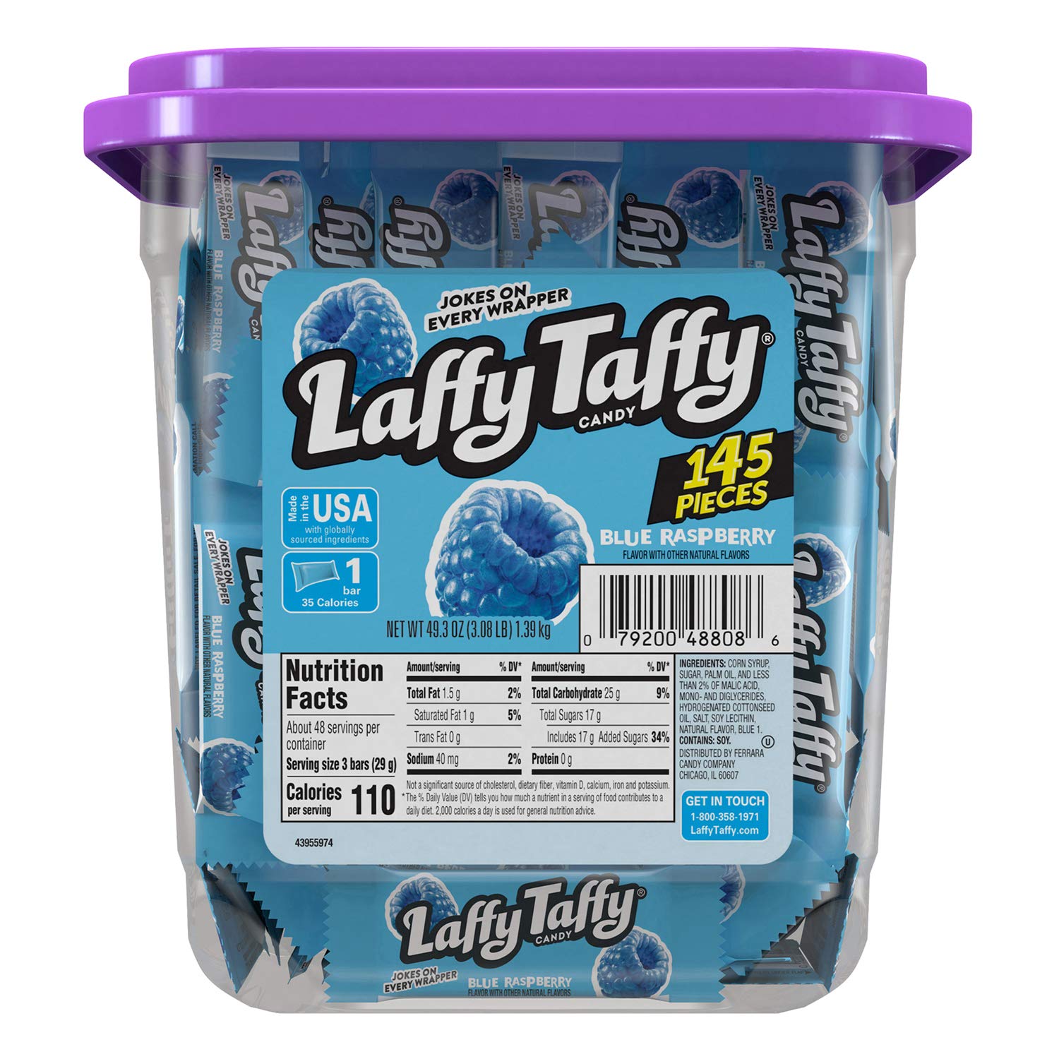 Laffy Taffy blue raspberry mini bars in a bulk tub for sharing