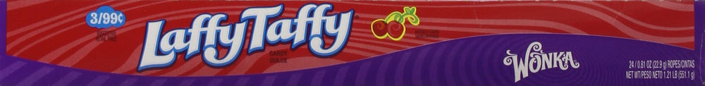 Laffy Taffy Rope Cherry unwrapped piece highlights chewy rope.