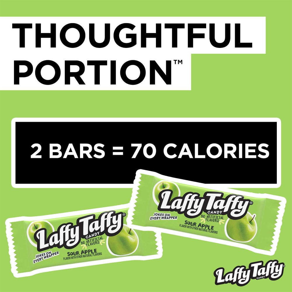 Laffy Taffy Sour Apple bulk tub spread on table.
