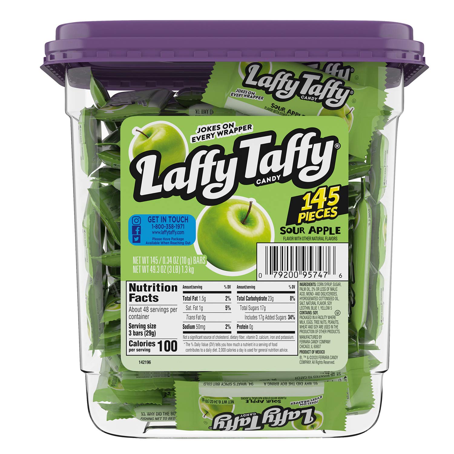 Laffy Taffy Sour Apple mini bar bulk tub with wrappers for easy sharing.