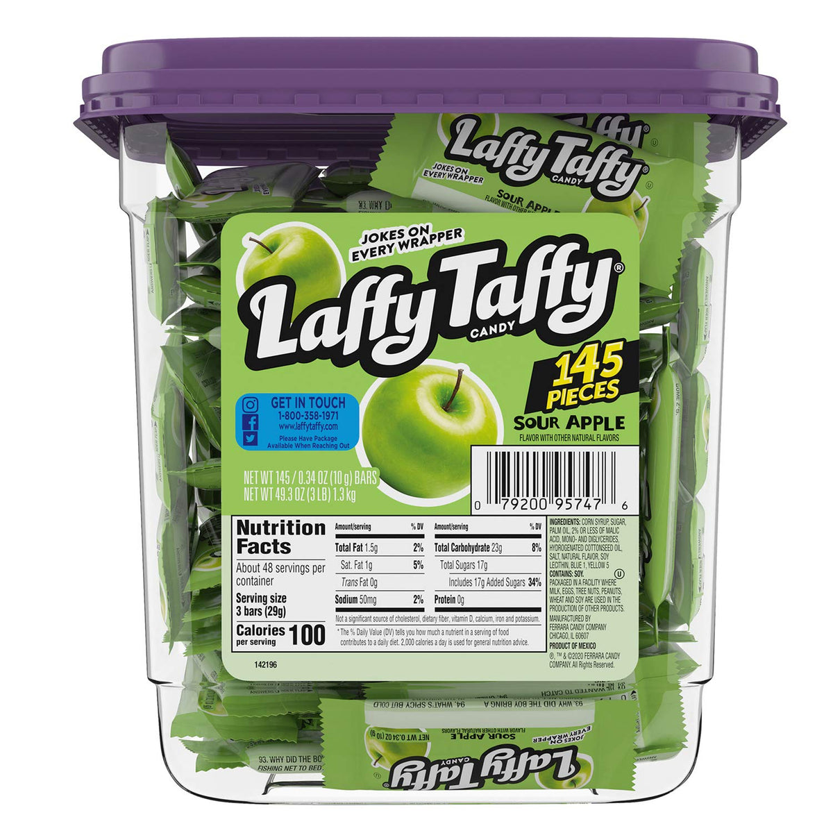 Laffy Taffy Sour Apple mini bar bulk tub with wrappers for easy sharing.