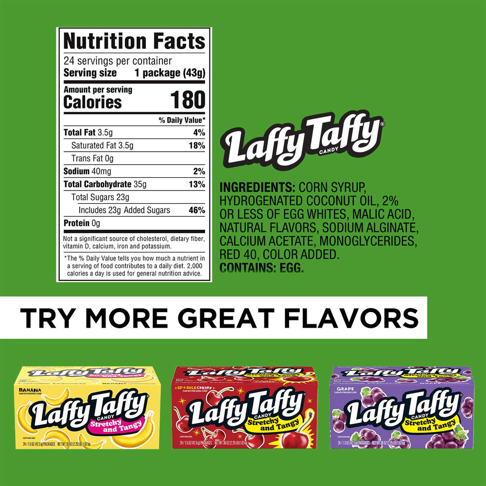 Close-up of Laffy Taffy watermelon wrapper showing flavor and on-the-go jokes