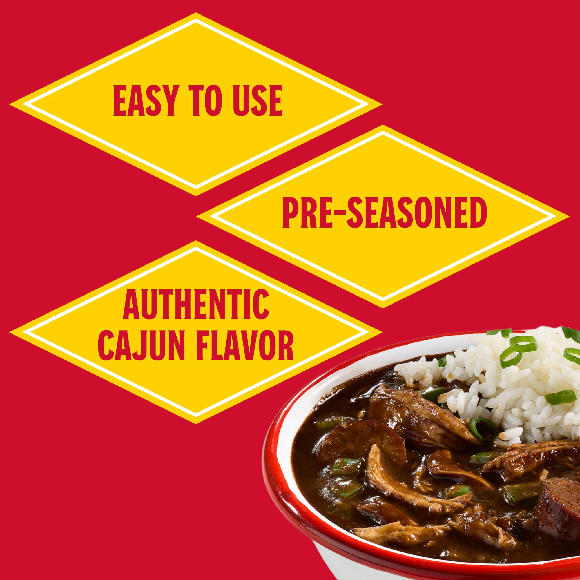 Louisiana Fish Fry Dark Roux Gumbo Base bowl with rice and gumbo