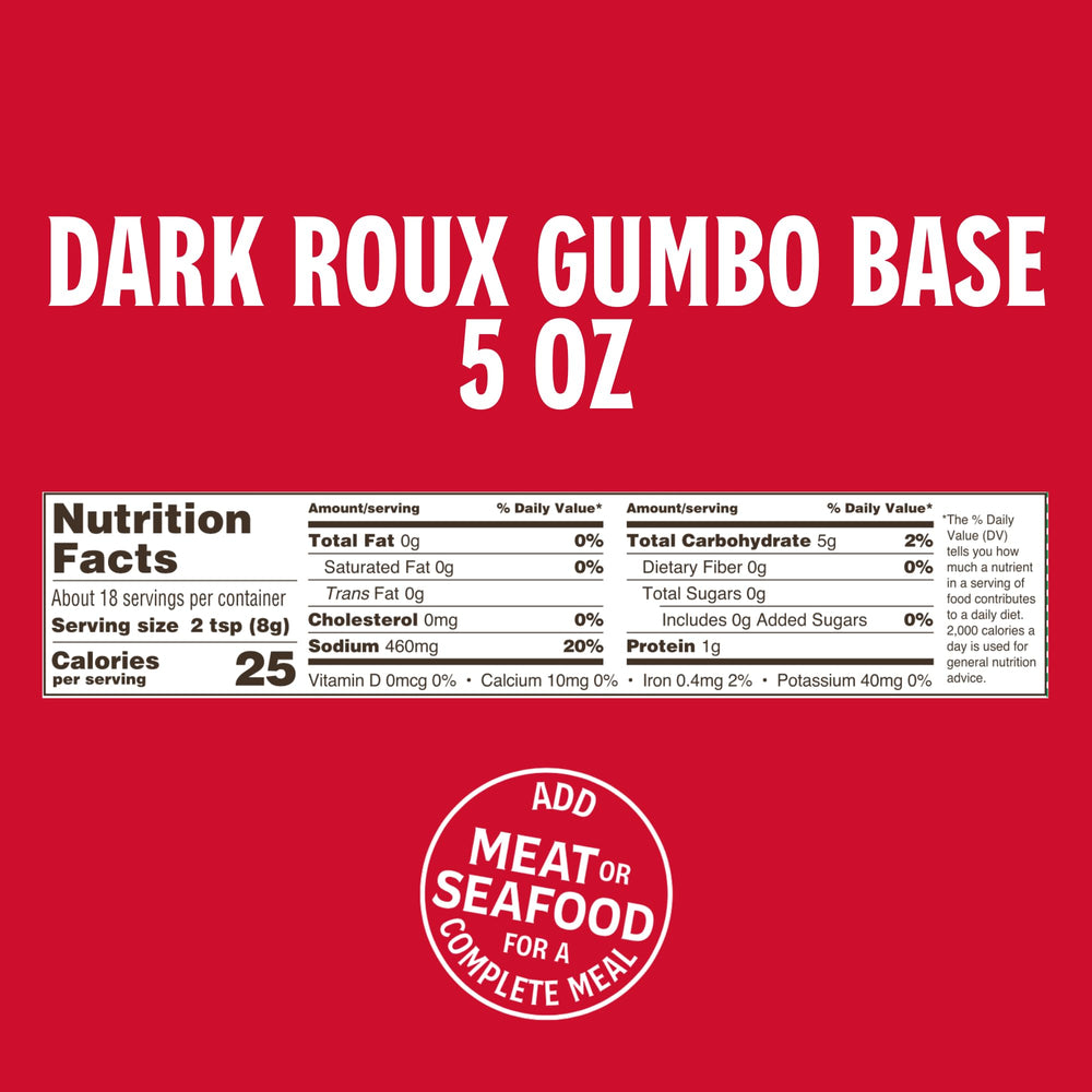 Louisiana Fish Fry Dark Roux Gumbo Base ingredients close-up highlights authentic Cajun flavor