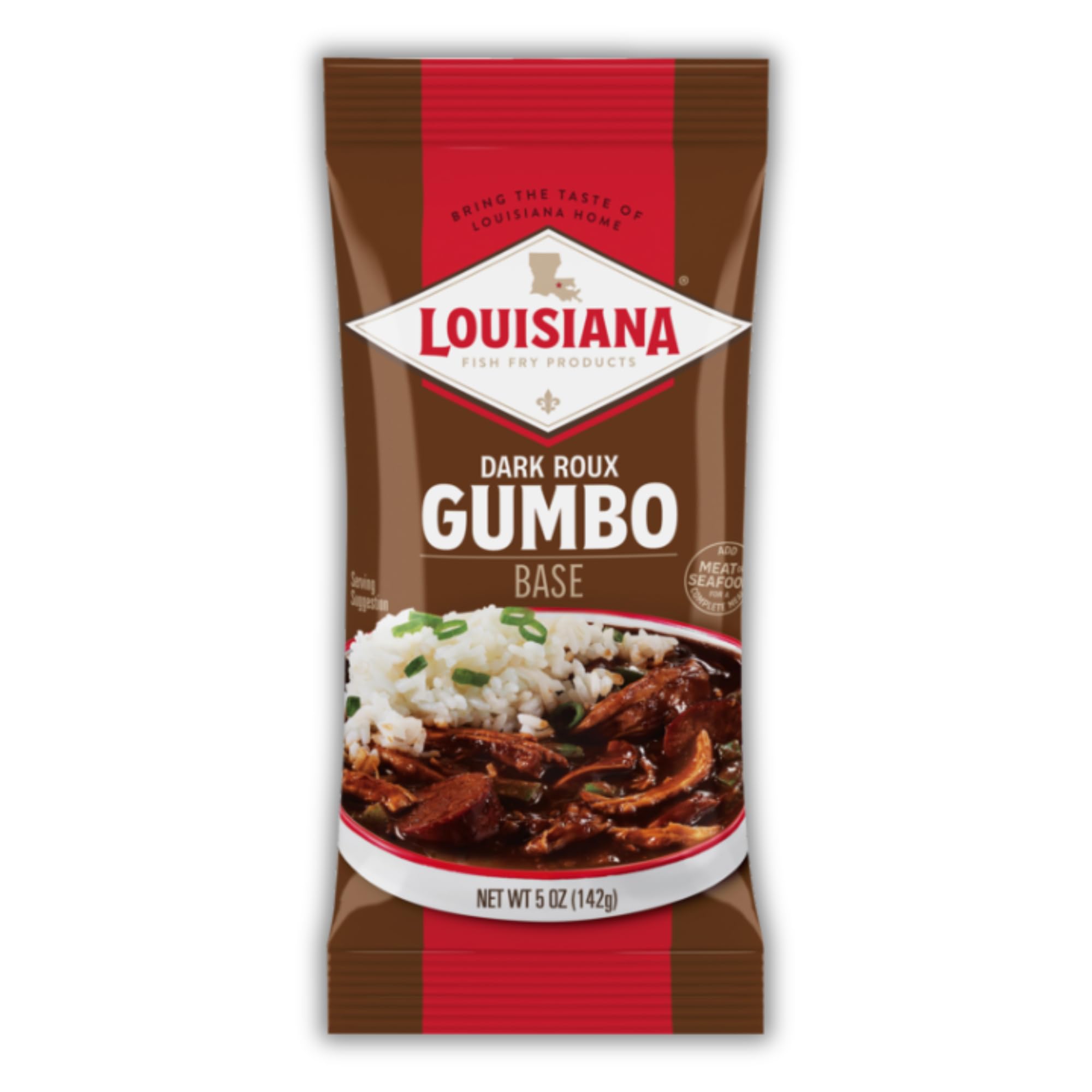 Louisiana Fish Fry Dark Roux Gumbo Base pour creates a rich gumbo base for easy weeknight meals
