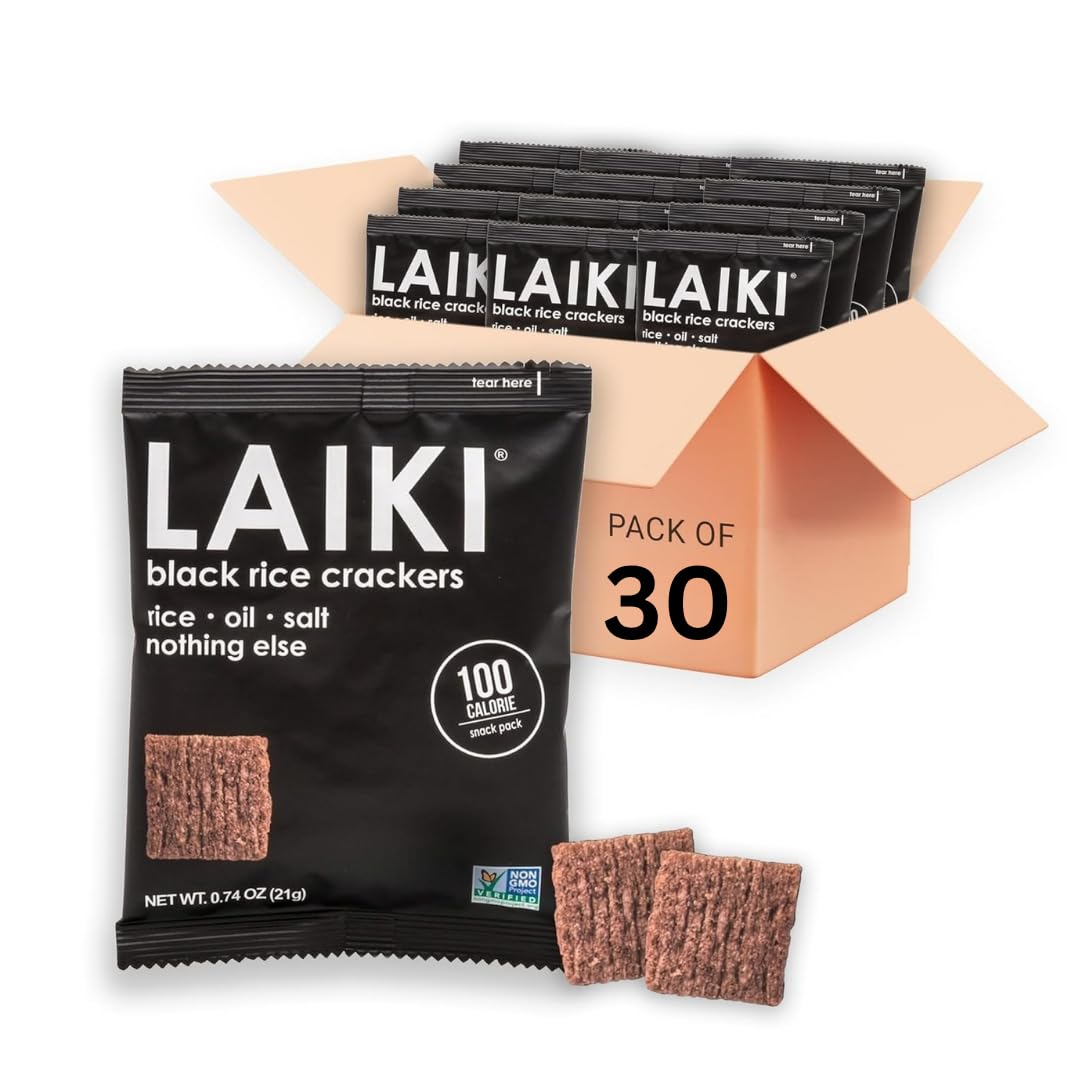 LAIKI black rice crackers on a party plate, gluten-free and diabetic-friendly.