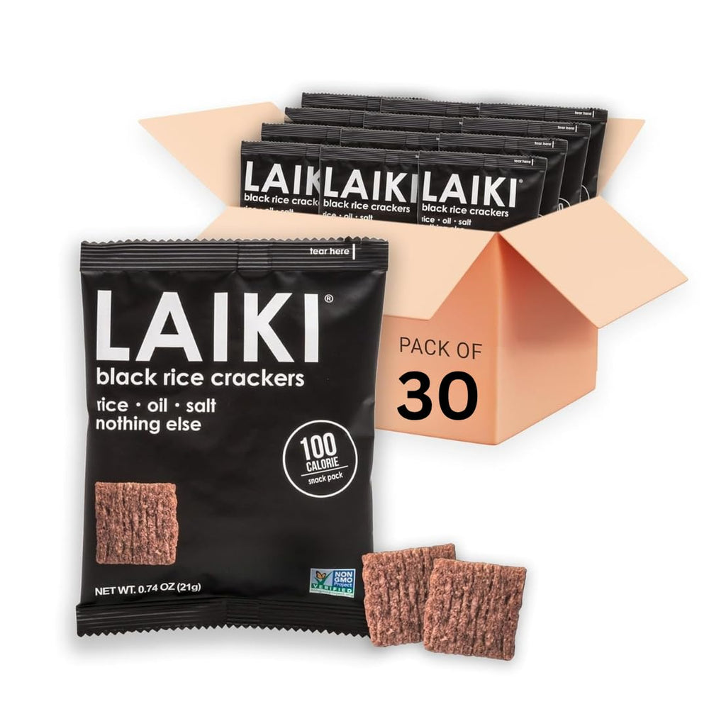 LAIKI black rice crackers on a party plate, gluten-free and diabetic-friendly.