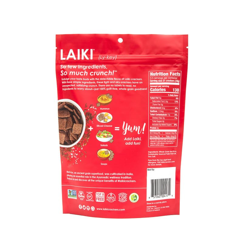 LAIKI Gluten Free Red Rice Crackers ready to dip into sauce