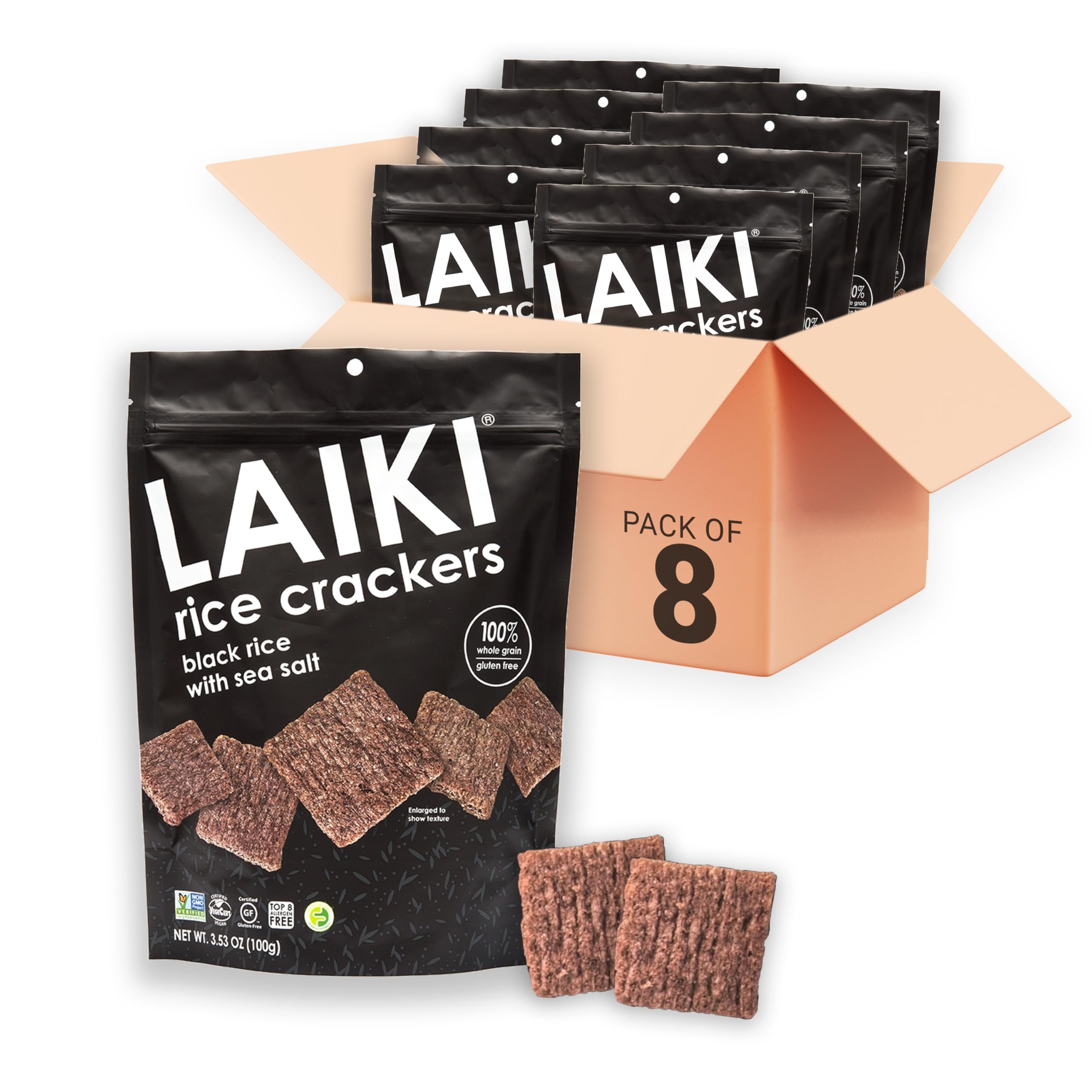 LAIKI gluten-free rice crackers in black rice packaging, convenient gluten-free snack.