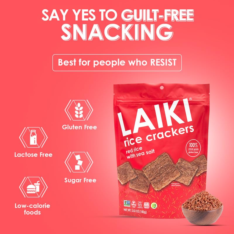 LAIKI Red Rice Crackers beside soup and salad for pairing