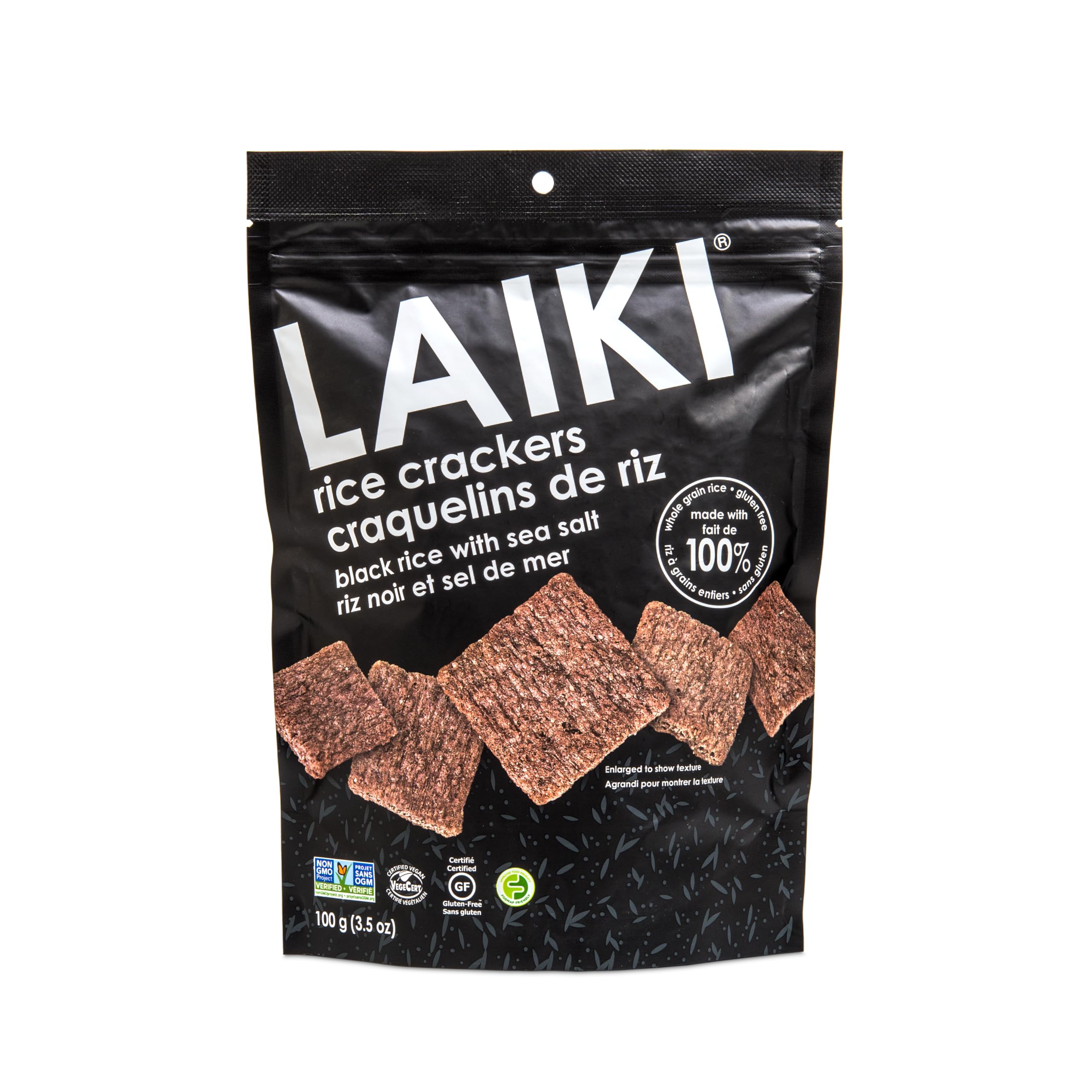 LAIKI vegan non-GMO crackers packaging, clean ingredients for everyday snacking.