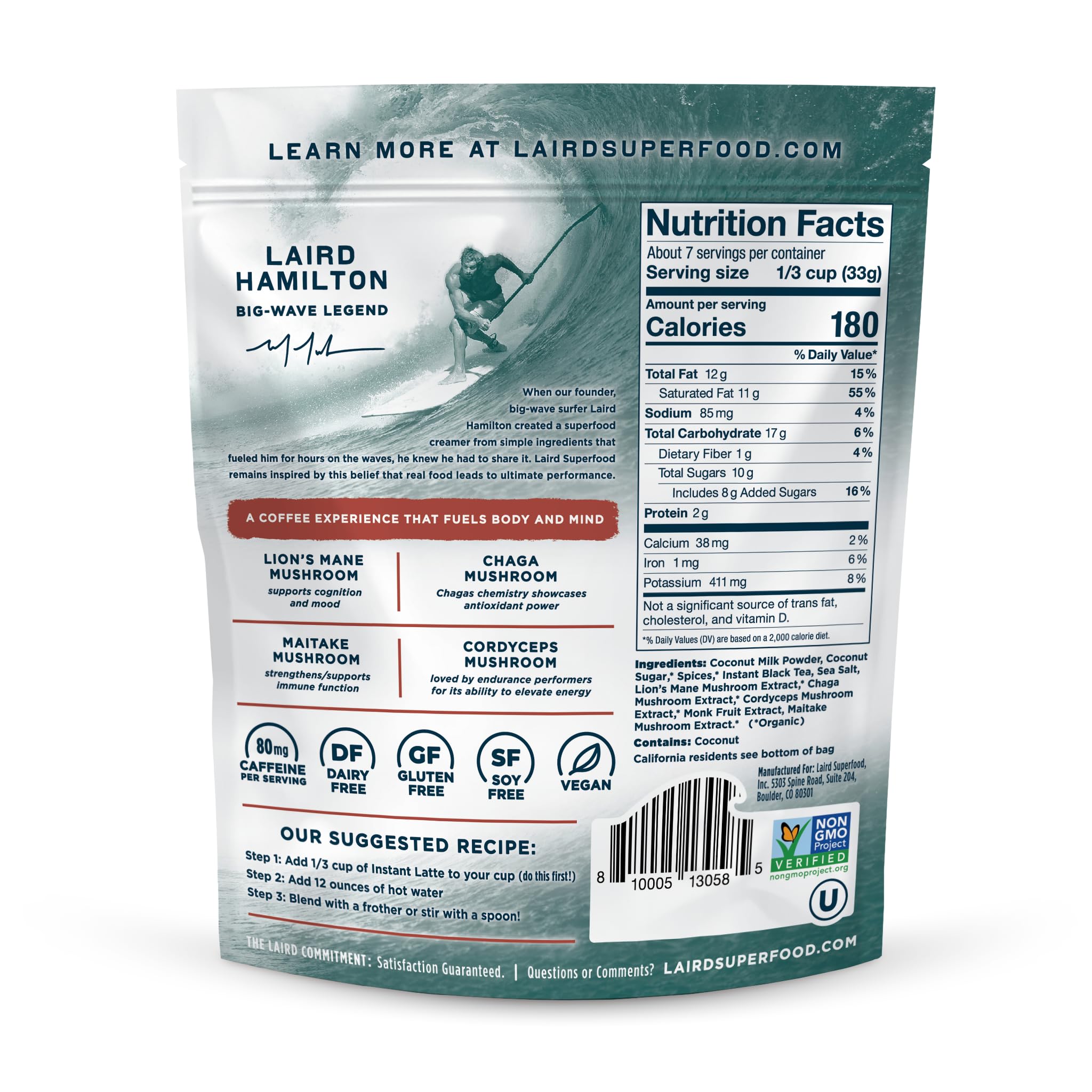 Laird Superfood Chai Instant Latte bag front for on-the-go vegan, gluten-free convenience.