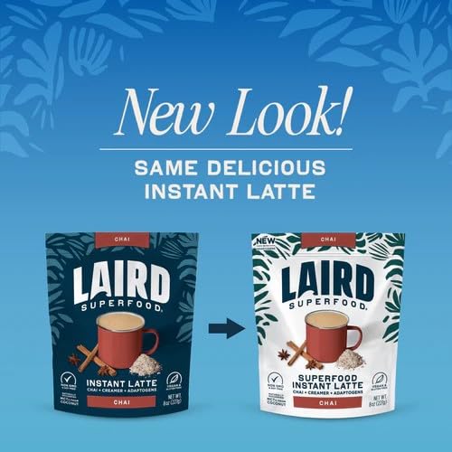 Laird Superfood Chai Instant Latte label highlights organic ingredients and dairy-free creamer.