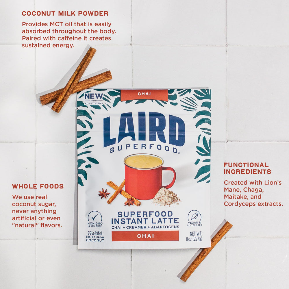 Laird Superfood Chai Instant Latte pouring into cup shows simple preparation.