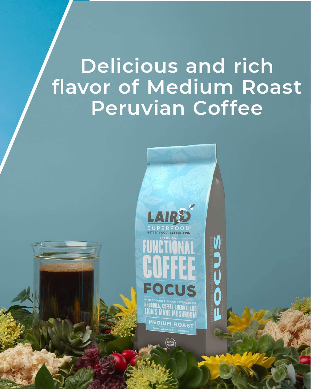 Laird Superfood Focus Adaptogens and botanicals featured for mental clarity.