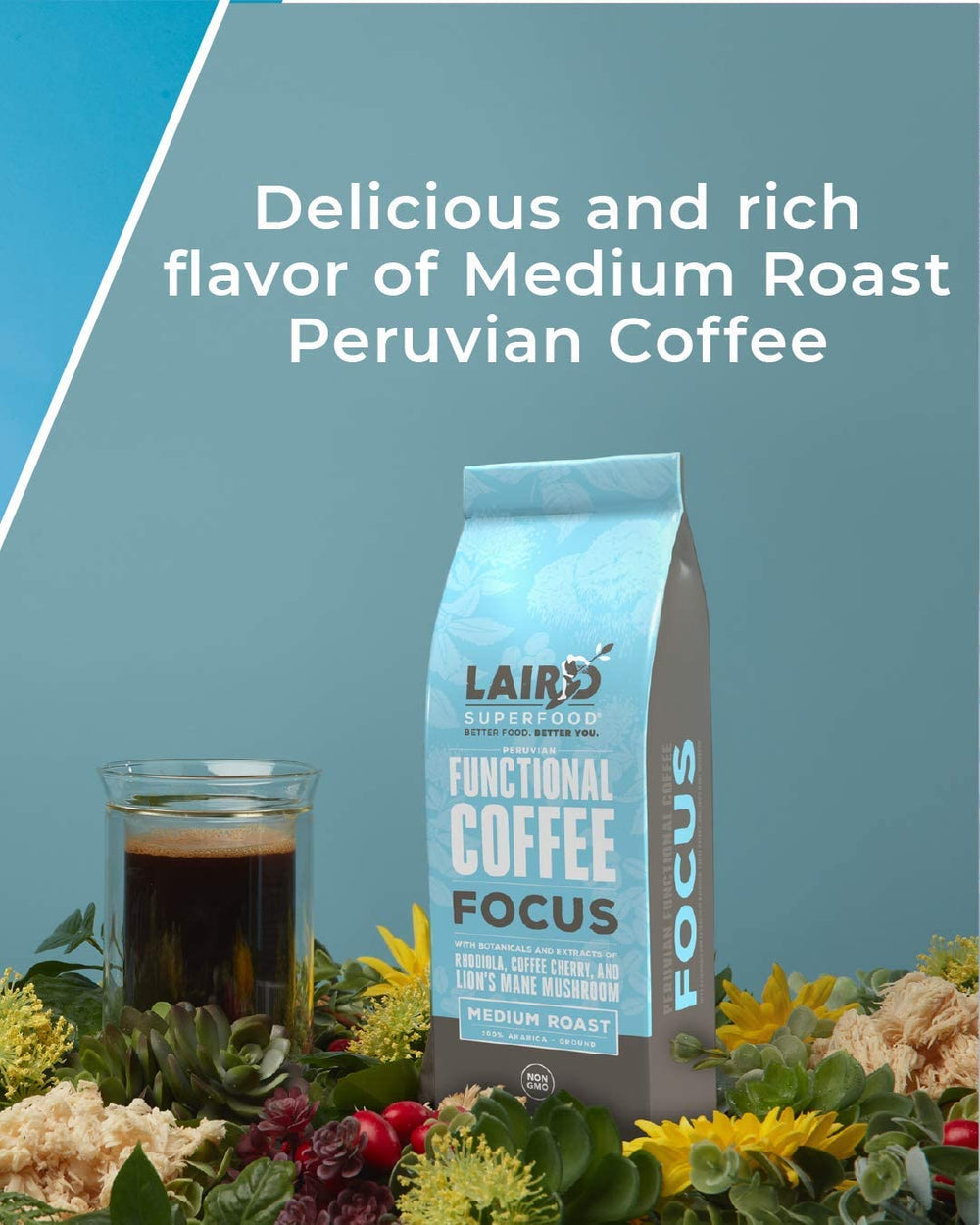 Laird Superfood Focus Adaptogens and botanicals featured for mental clarity.