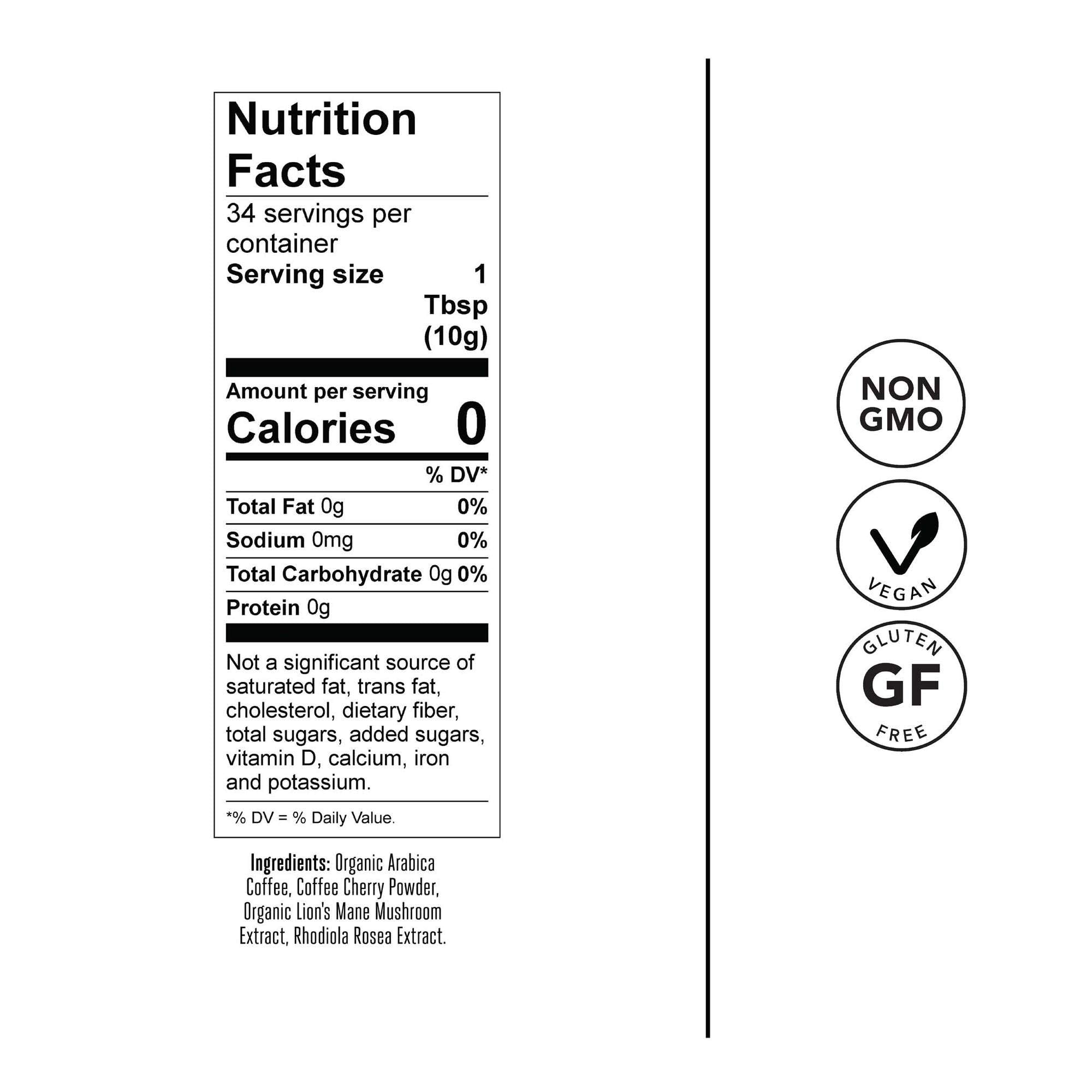 Laird Superfood Focus Coffee label closeup emphasizes quality and origin.