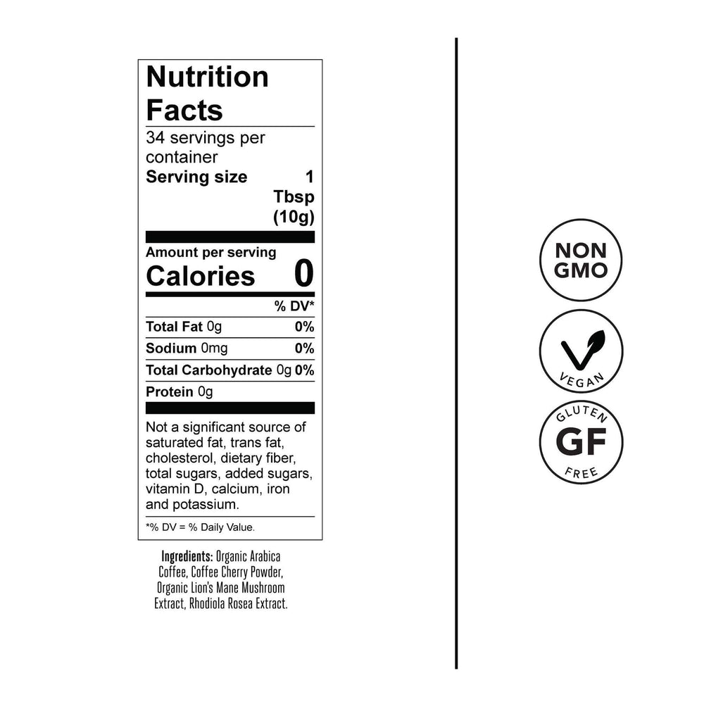 Laird Superfood Focus Coffee label closeup emphasizes quality and origin.