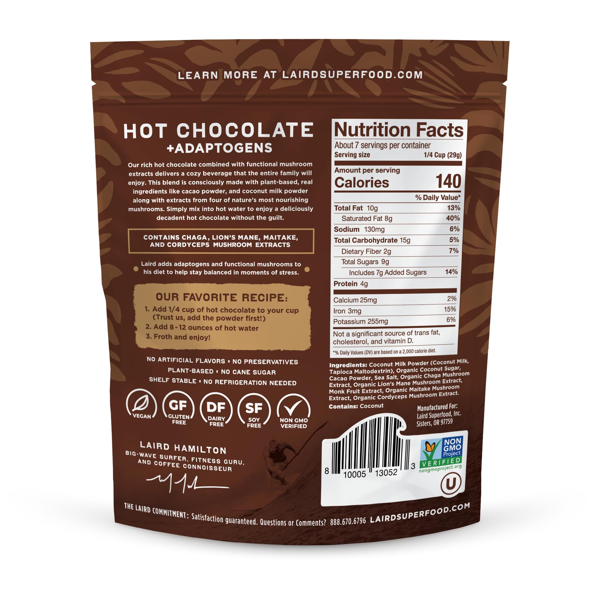 Laird Superfood cacao close-up showing rich Peruvian cacao and mushroom blend