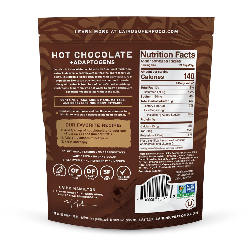 Laird Superfood cacao close-up showing rich Peruvian cacao and mushroom blend