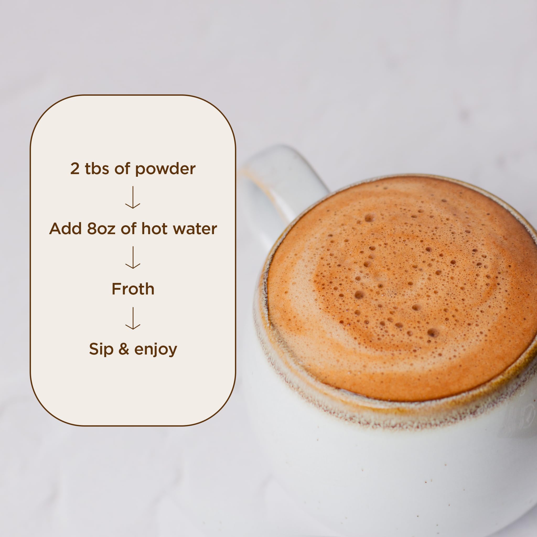 Pouring hot water into Laird Superfood hot chocolate with steam rising