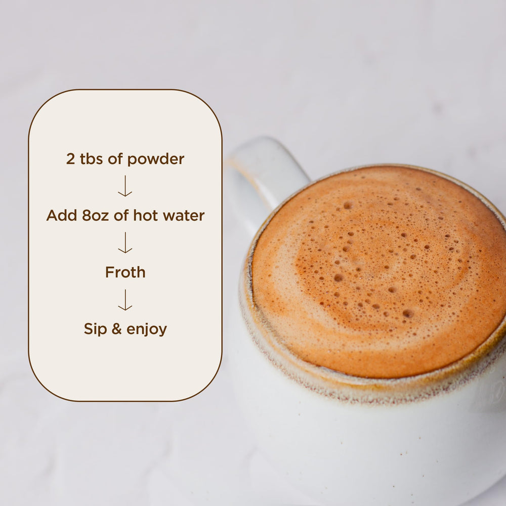 Pouring hot water into Laird Superfood hot chocolate with steam rising