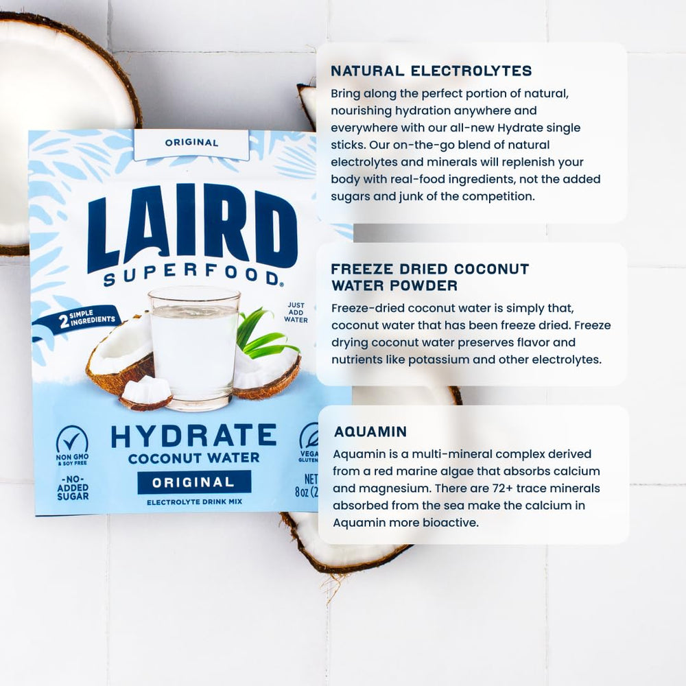 HYDRATE powder dissolving smoothly in water for a light coconut beverage.