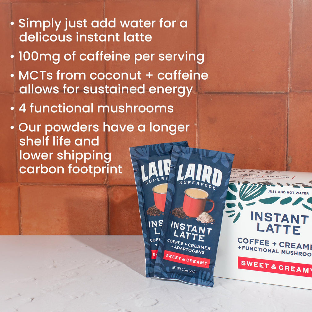 Laird Superfood Instant Latte Non-GMO label on packaging.