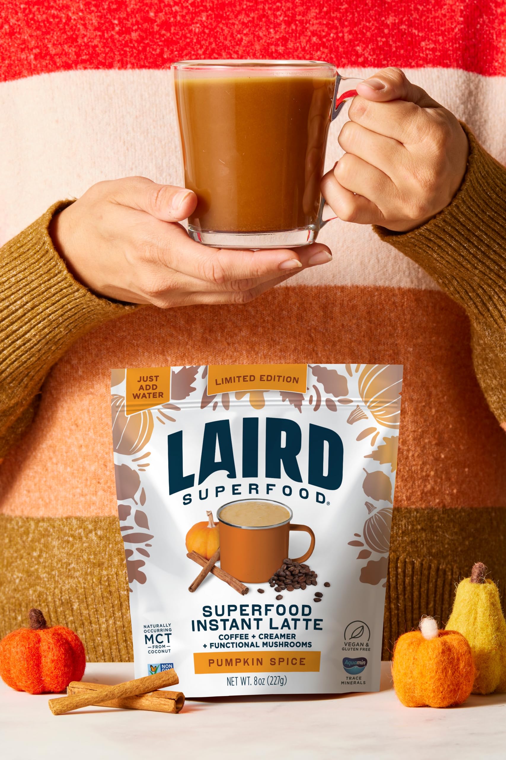 Laird Superfood Instant Latte Pumpkin Spice tub highlights GMO-Free ingredients.