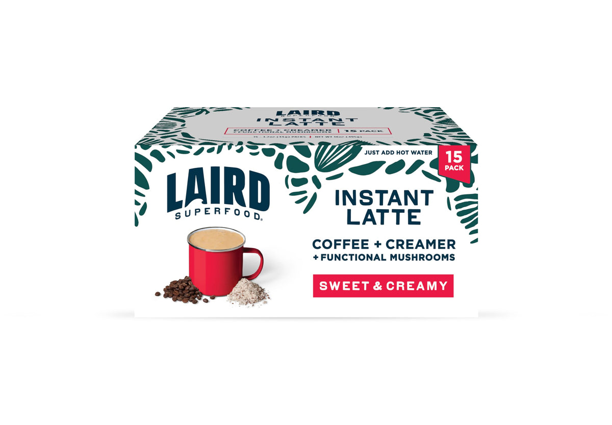 Laird Superfood Instant Latte sachet box offers convenient dairy-free cream.