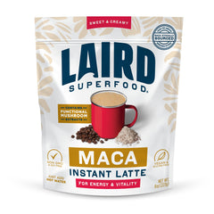Laird Superfood Maca Instant Latte cup shows creamy non-dairy creamer for morning energy.