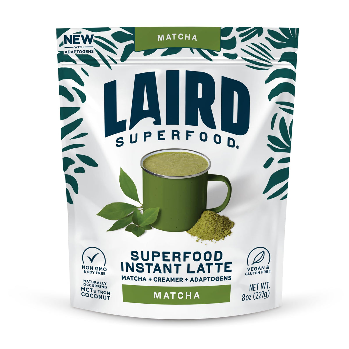 Laird Superfood Matcha Instant Latte bottle on a counter, creamy texture and one-step mix.