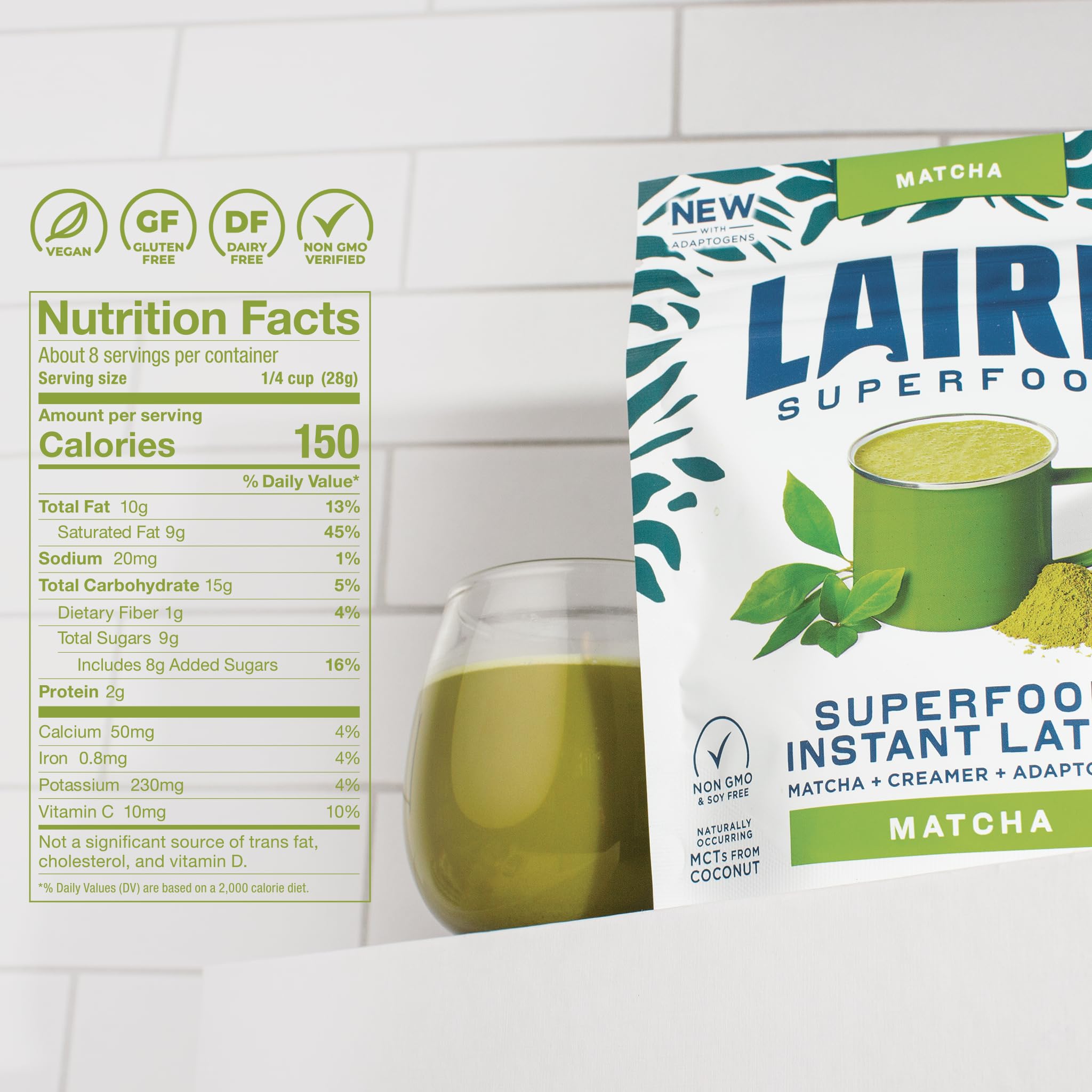 Laird Superfood Matcha Instant Latte close-up of ingredients highlighting coconut cream and matcha.