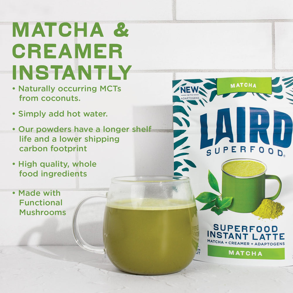 Laird Superfood Matcha Instant Latte morning routine setup with cup and spoon.