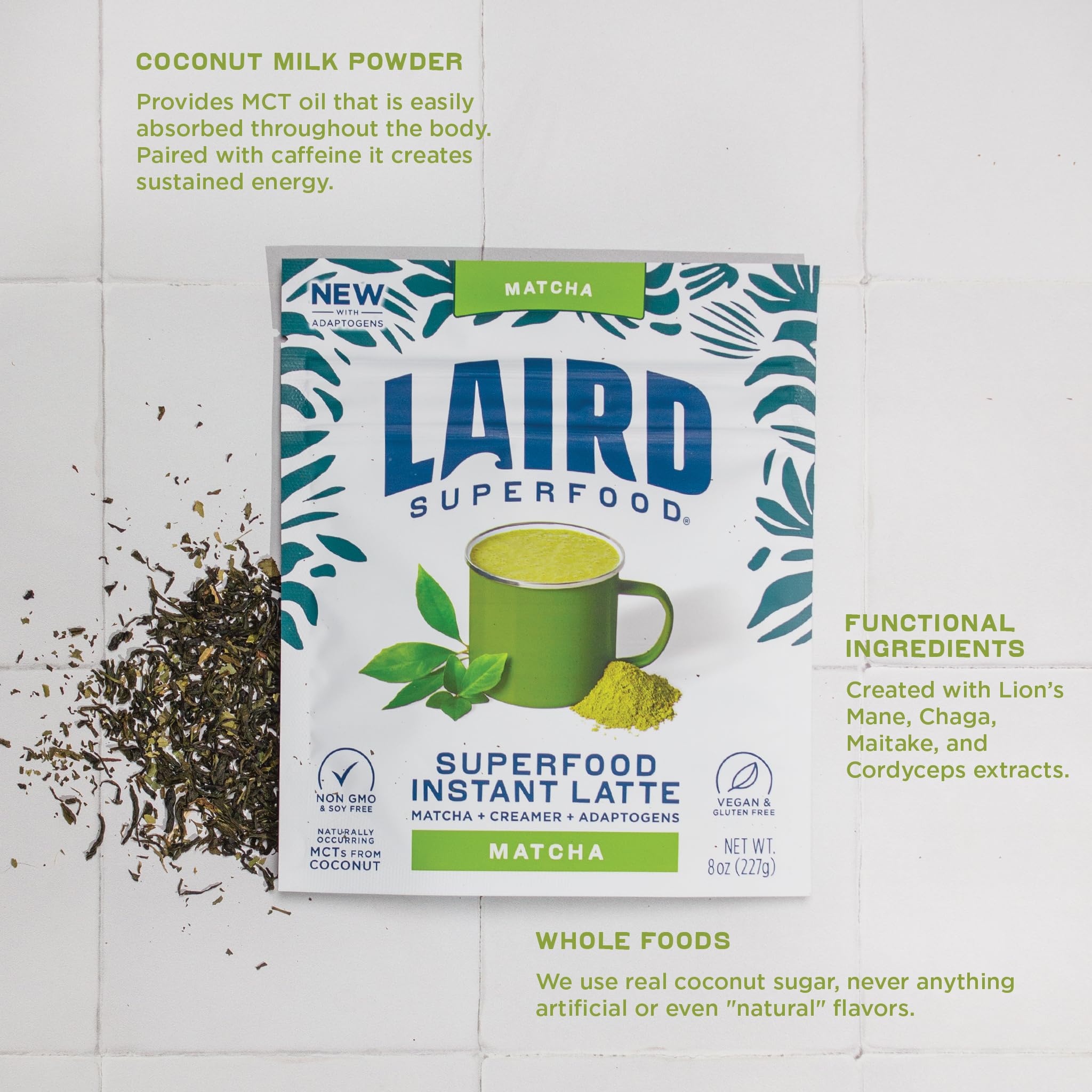 Laird Superfood Matcha Instant Latte mug with creamy swirl and inviting aroma.