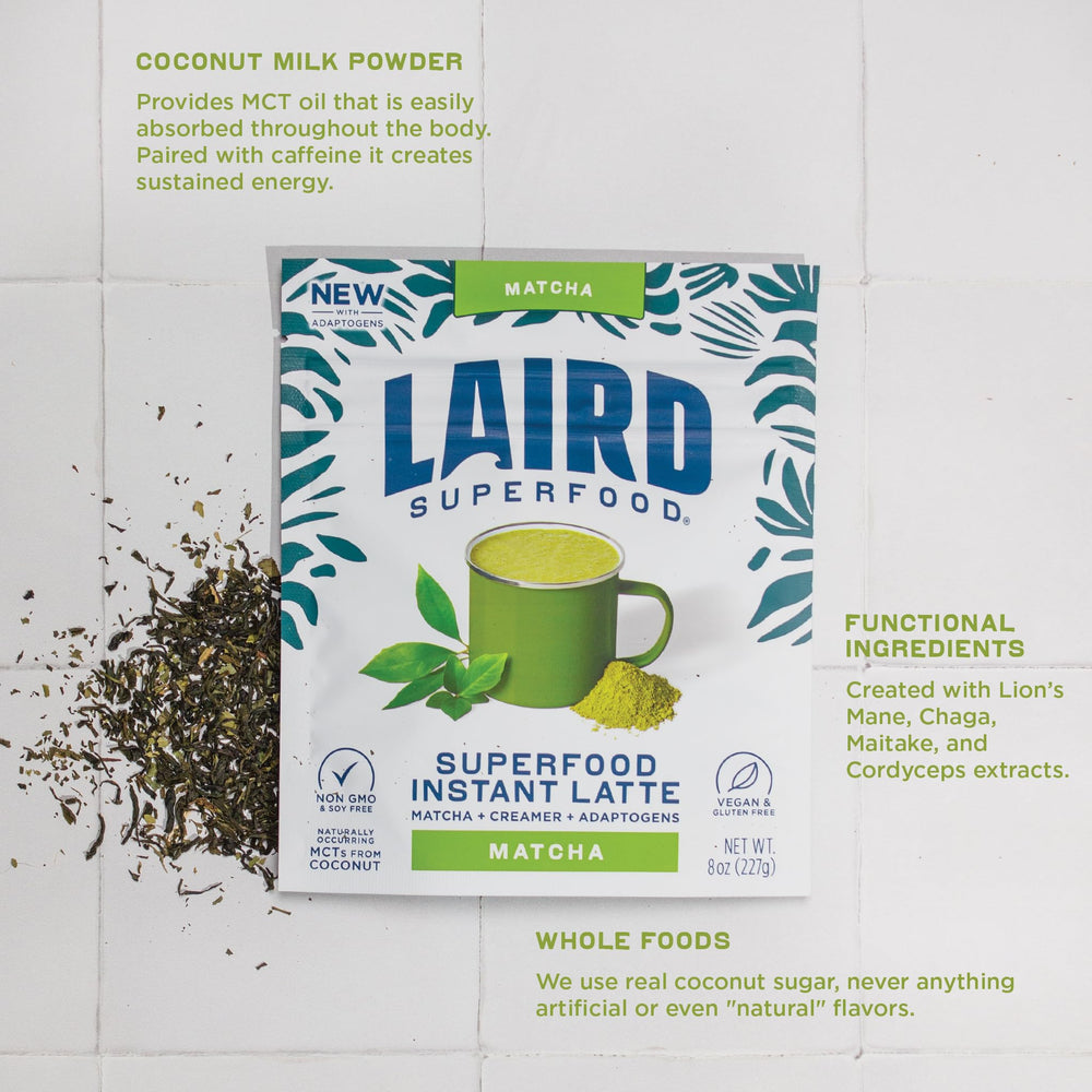 Laird Superfood Matcha Instant Latte mug with creamy swirl and inviting aroma.