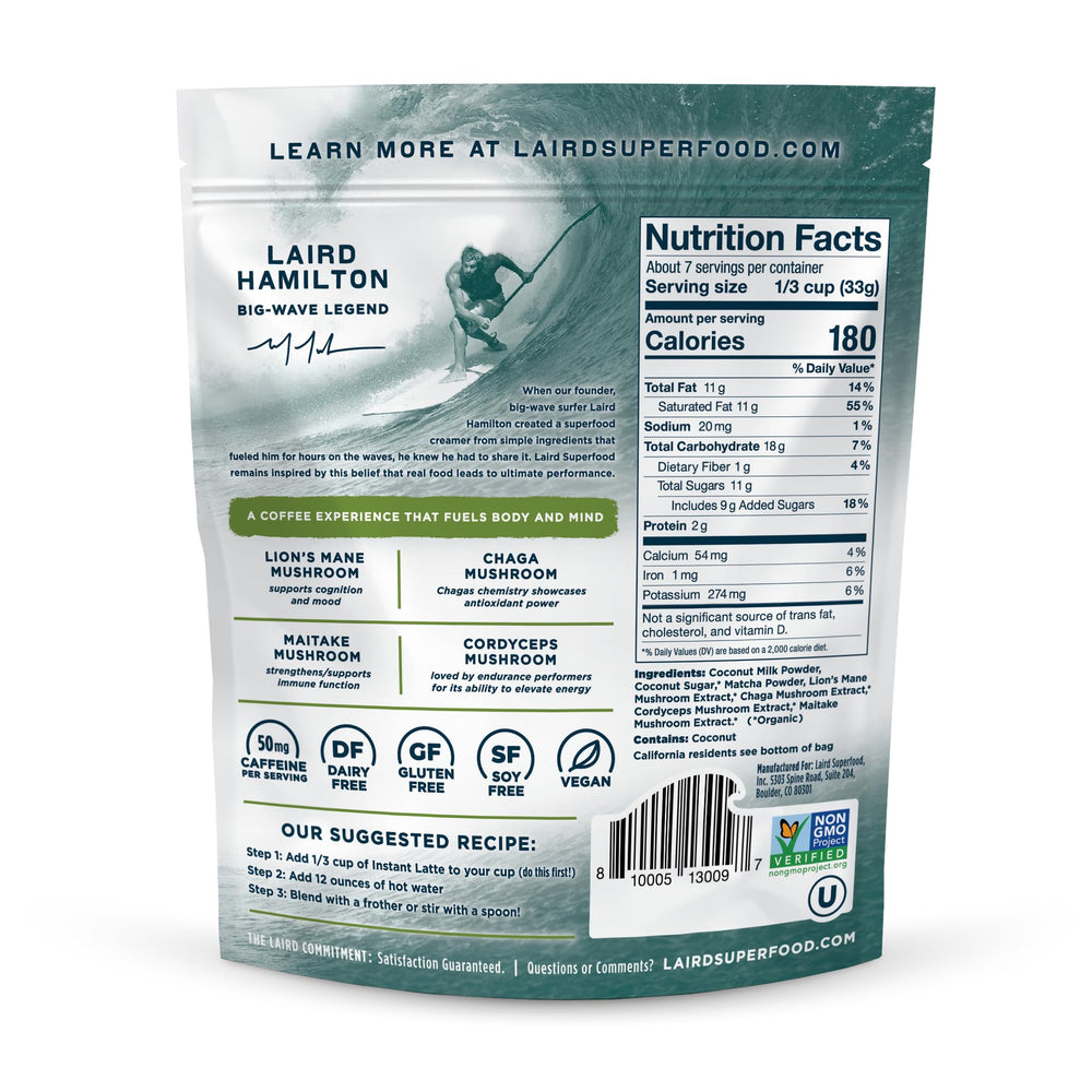 Laird Superfood Matcha Instant Latte packaging showing 8 oz pouch for travel.