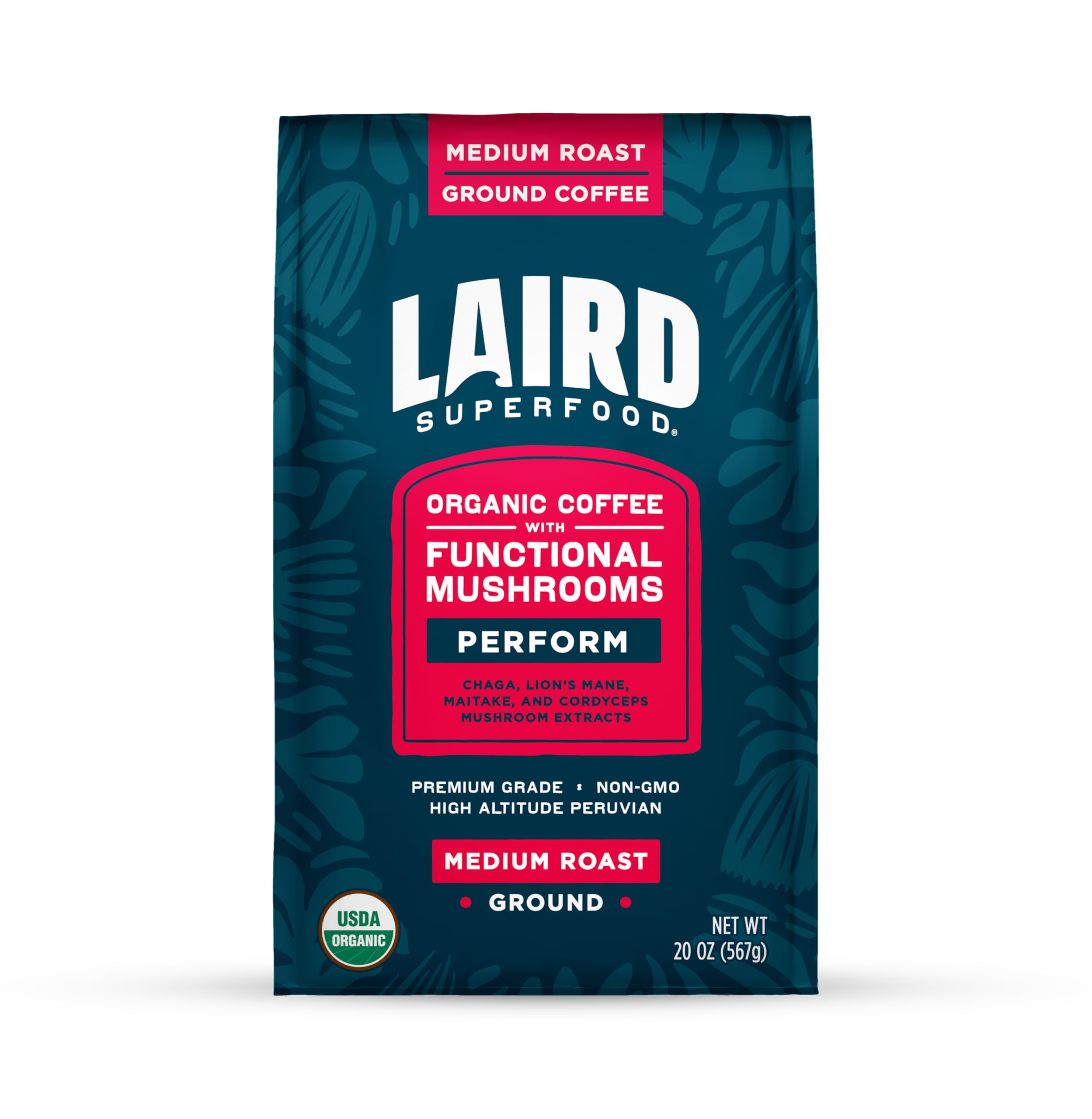 Laird Superfood Peruvian coffee bag with mushroom blend for energizing mornings.