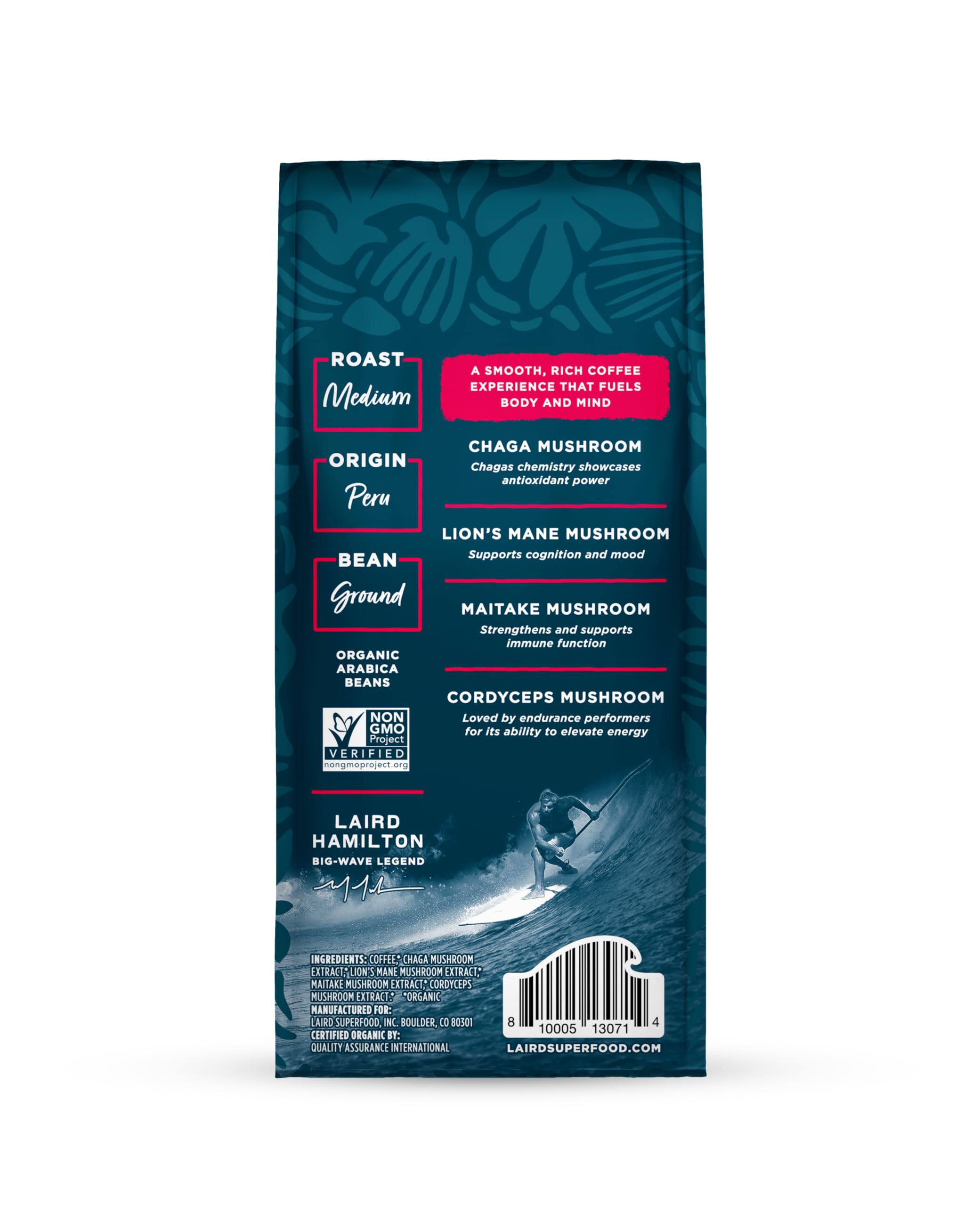 Laird Superfood Peruvian mushroom coffee bag ready for brewing with mushroom blend.