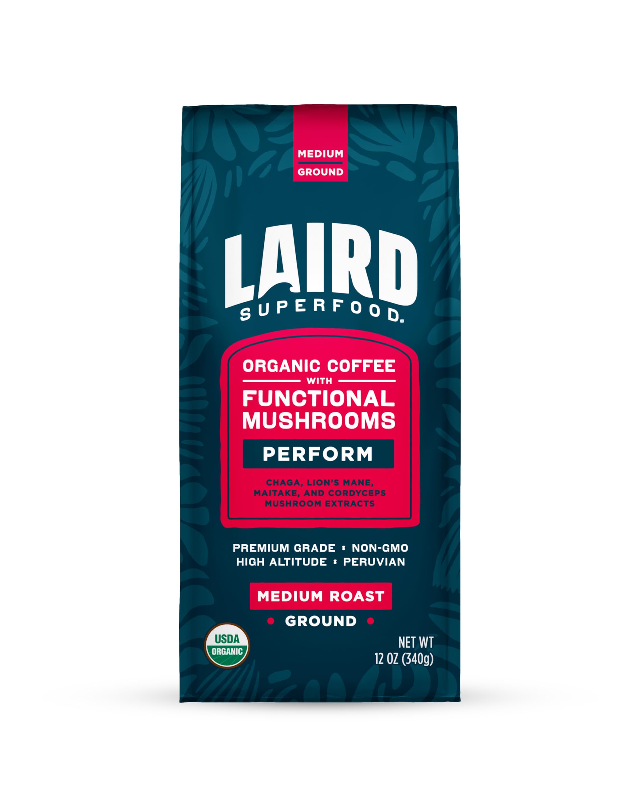 Laird Superfood Peruvian coffee beans infused with mushrooms for a smooth cup.