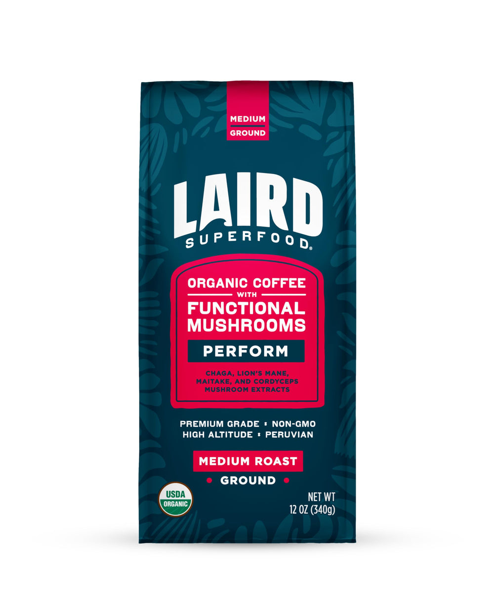 Laird Superfood Peruvian coffee beans infused with mushrooms for a smooth cup.