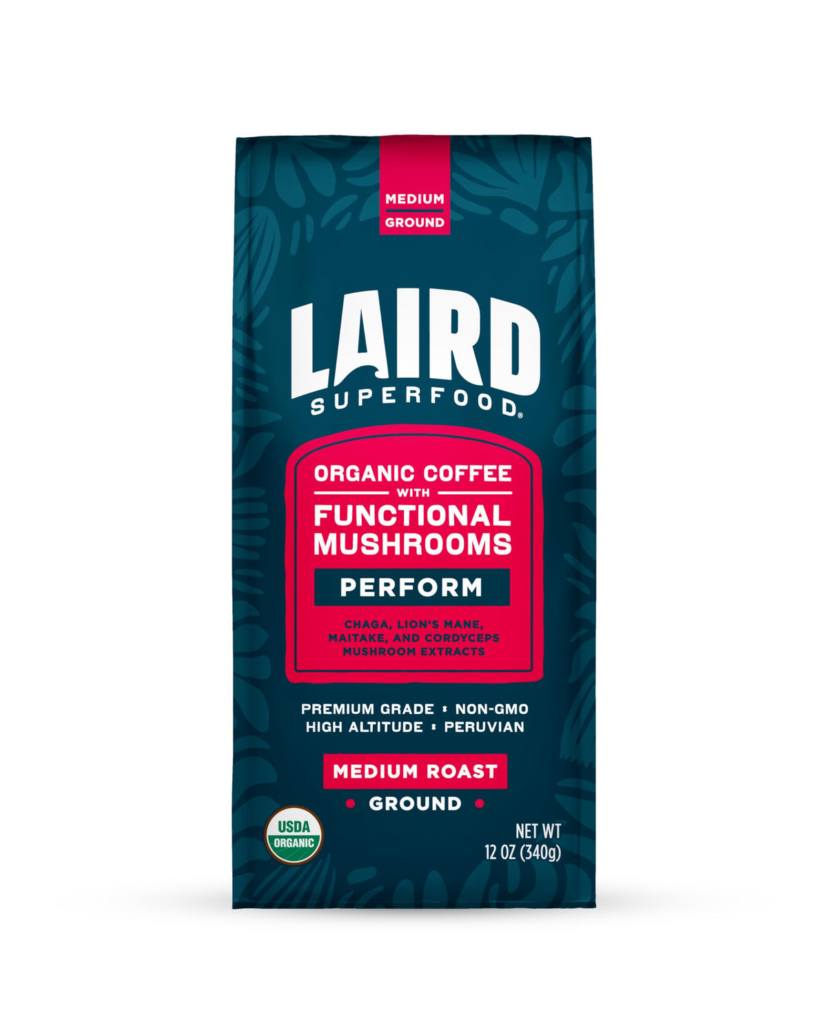Laird Superfood Peruvian coffee beans infused with mushrooms for a smooth cup.