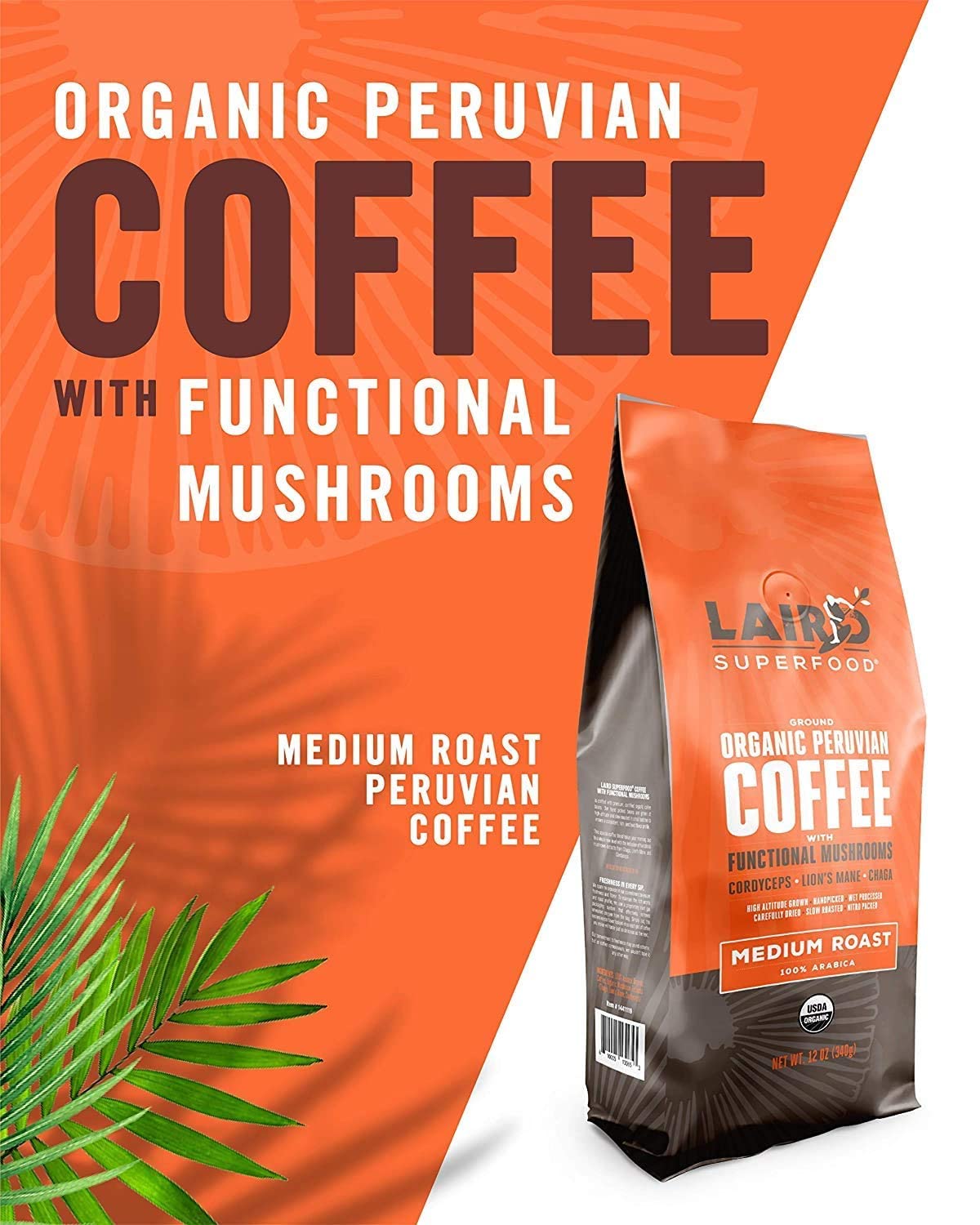 Laird Superfood Peruvian coffee packaging front highlighting organic attributes.