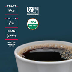 Laird Superfood Peruvian Dark Roast mushroom-infused blend close-up suggests focus and aroma.