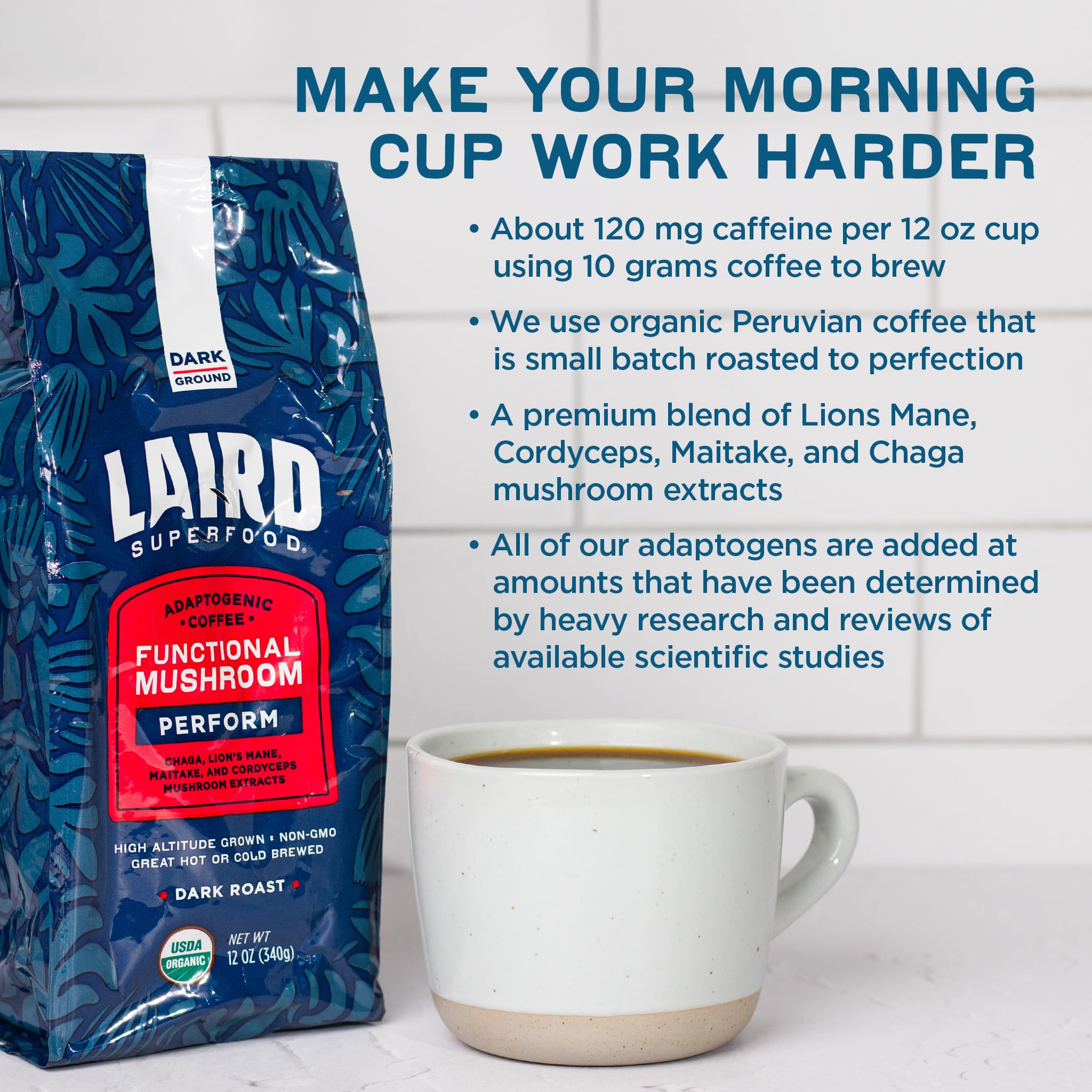 Laird Superfood Peruvian Dark Roast packaging side highlighting organic, gluten-free, and dairy-free.