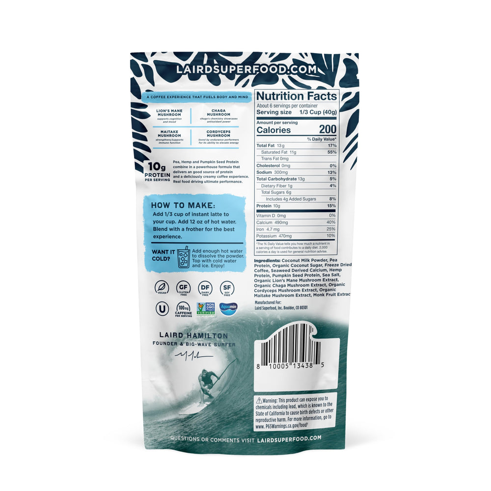 Cup of Laird Superfood Protein Instant Latte steaming with creamy aroma for morning energy